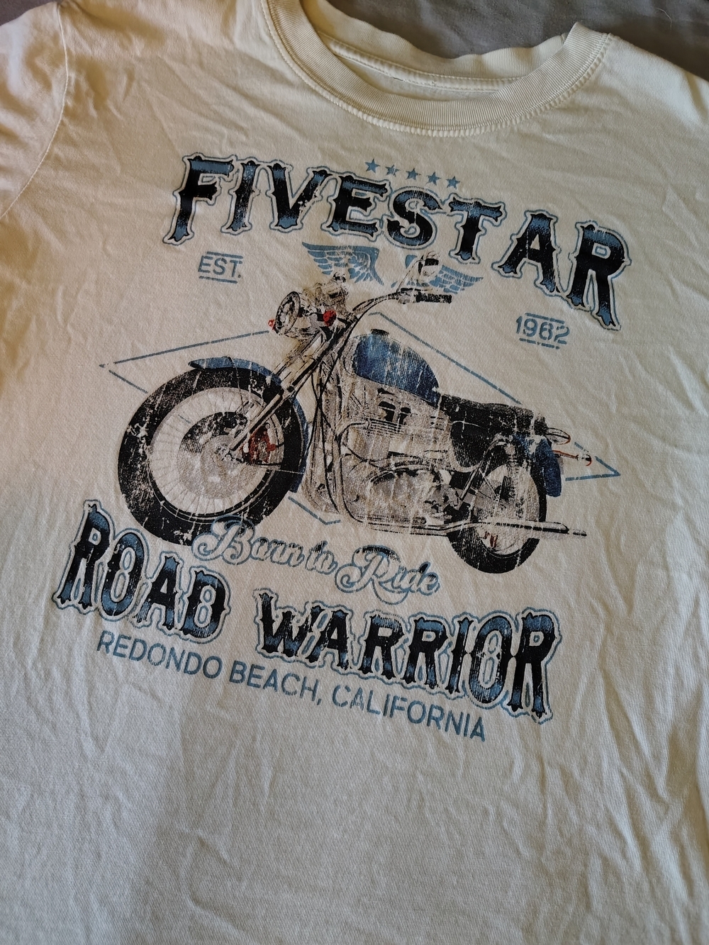 Five Star Men's Cream Graphic Tee Blue and Black Motorcycle Print T-shirt Small